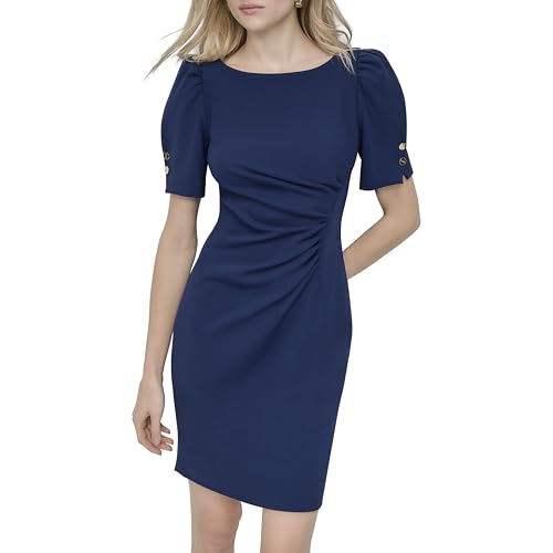 Image of DKNY Women's Short Sleeve Ruched Knee Length Sheath Dress with Button Detail