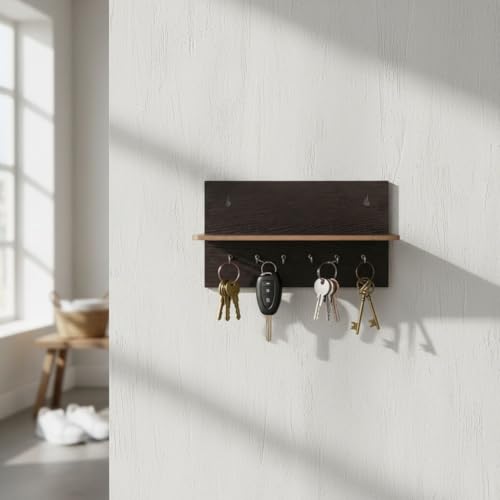 Image of Wall Mounted Key Holder & Organizer with Shelf | Wooden Key Stand with 6 Hooks | Multipurpose Wall Shelf for Keys, Sunglasses, Mask & Accessories| Entryway Storage wall key Rack (Dark Brown, 9x6 Inch)