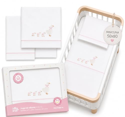 Sabanas Minicuna 50x80 100% Algodon Transpirables Lavables con Sabana Bajera Ajustable para Recien Nacidos Textil Suave Descanso Bebes + Encimera y Funda Almohada Rino Blanco Rosa Primavera Verano