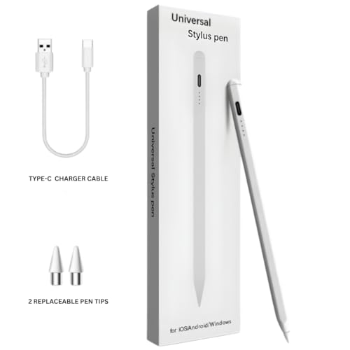 Image of Universal High-Precision Digital Stylus Pen for iPhone, Android, Windows Tablets & All Smartphones | Type-C Rechargeable | Sketching & Note Taking Pen | Includes 2 Replacement Tips (White)