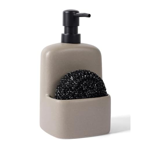 BosilunLife Dish Soap Dispenser - Matte Silver Grey Ceramic Kitchen Soap Dispenser with Sponge Holder Matte Ceramic Soap Daddy Dispenser 20oz for Kitchen Soap Pump and Sponges Caddy