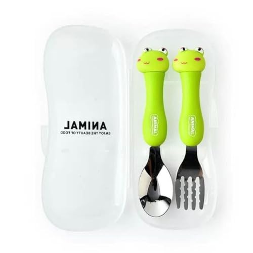Image of Travel Spoon Fork Set for Kids, Premium Stainless Steel 1 Baby Spoon & 1 Fork Set for Kids with Travel Case, Stainless Steel Spoon and Fork Set, Food Grade PP Spoon (Random Design, Green)