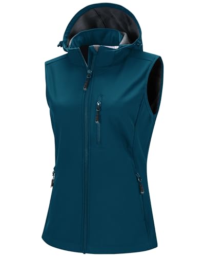 33,000ft Damen Softshell Westen mit Abnehmbare Kapuze Fleece Gefütterte Ärmellose Jacke Wasserdichte Winddichte Sportwesten Vest mit 5 Taschen für Reiten Laufen Wandern Keramik Blau M