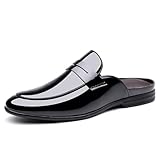 NHBEOEN Men's Patent Leather Dress Mules Fashion Comfortable Low Heel Slip On Backless Loafers for Wedding Office Business Formal Clogs (13,Black)