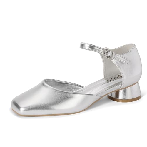 IDIFU Closed Toe Heels for Women Square Toe Low Block Chunky Heeled Pumps with Ankle Strap Buckle for Bride Wedding Comfortable Dressy Short Small Women's Dress Shoes Thick Heels