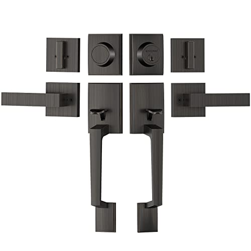 Image of TICONN Double Front Door Handle Set, Heavy Duty Square Door Lever and Single Cylinder Deadbolt Combo for Side by Side Entrance Exterior Doors (Oil Rubbed Bronze)
