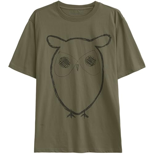 KnowledgeCotton Apparel Herren Big Owl Front Print T-Shirt, Burned Olive, S