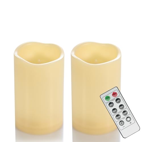 Image of 2 Pack 5'' Outdoor Battery Operated Candles with Timer Flameless LED Flickering Candles Waterproof Electric Pillar Decorative Candle for Wedding Party Home Lantern Garden
