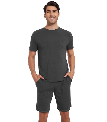 WiWi Men's Pajamas Set Short Sleeve Top and Shorts Pajama Lightweight Pjs Viscose made from Bamboo Loungewear S-XXL