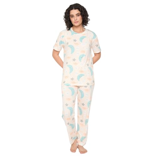 Image of CAMEY Women's Printed Pyjama Set, Short Sleeve T-Shirt and Trousers, Women Nightsuit, Loungewear Sets