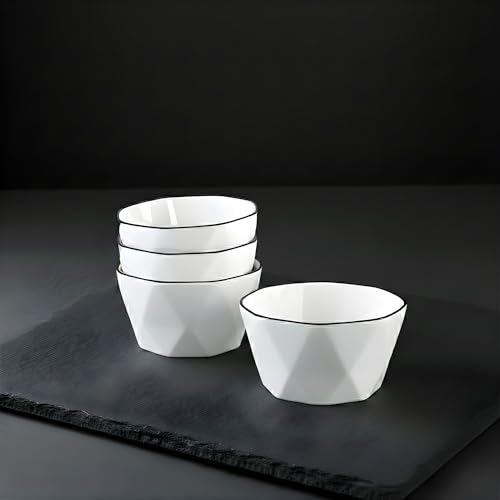 OLWICK Modern Geometric White Ceramic Bowls, Food Grade Porcelain with Minimalist Black Rim, Lead & Cadmium Free, Chip-Resistant Snack & Cereal Bowls (Set of 4)
