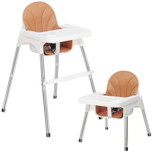 SKY-TOUCH 2 in 1 Baby High Chair with Removable Tray Adjustable Height & Footrest 3 Point Safety Belt Ages 6 Months to 3 Years White Polypropylene Metal
