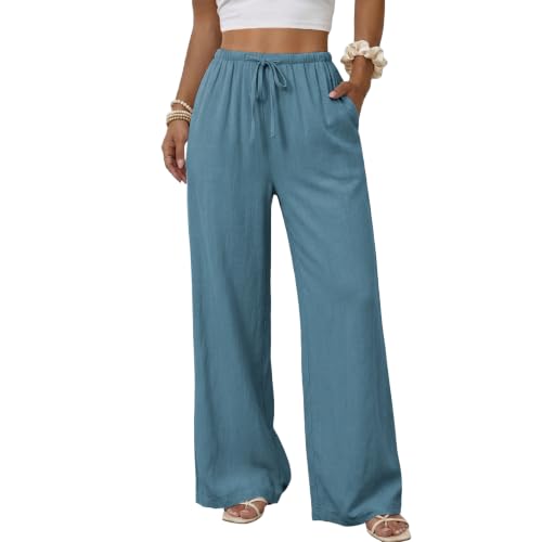 Image of Duyang Womens Cotton Linen Palazzo Pants Drawstring Elastic Waist Casual Wide Leg Trousers with Pockets