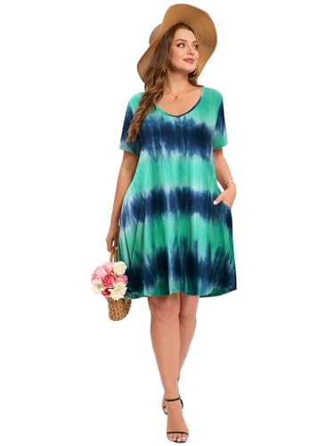 Image of ZENNILO Women's Plus Size Swing Dress with Pockets Casual Summer Dresses V Neck Short Sleeve T Shirt Dress for Women