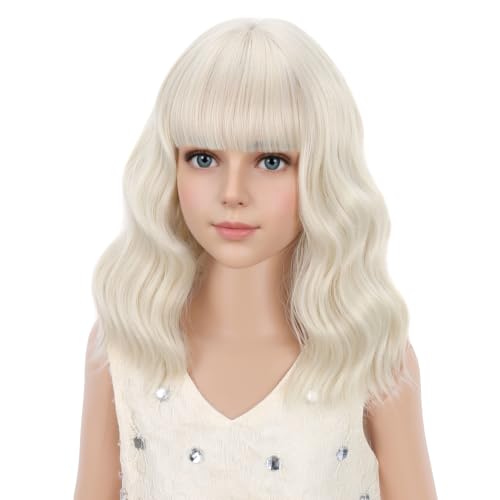 Image of PATTNIUM Platinum Blonde Wig Short Wavy Wig with Bangs Synthetic Blonde Wig Women Cosplay Halloween Party Costume Wig (Platinum Blonde)