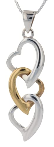 Three Heart Sterling Silver and Gold Plated Pendant Necklace 18