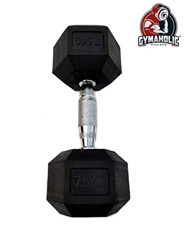 Image of Gymaholic Dumbbell, Hexa Rubber Dumbbell with Metal Handles, Single & Pair, Dumbbells in Weights 7.5 KG Single