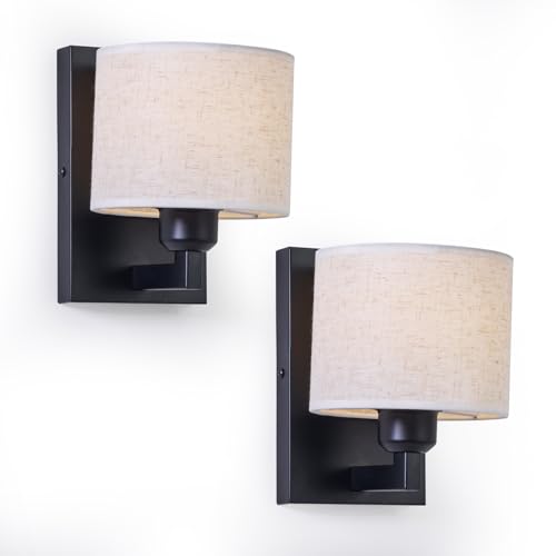 Image of Black Wall Sconce Set of 2, Modern Hardwired Industrial Light Fixtures With Drum Fabric Lampshade, Bedside Mounted Vanity Lamp for Bedroom Living Room Hallway Bathroom