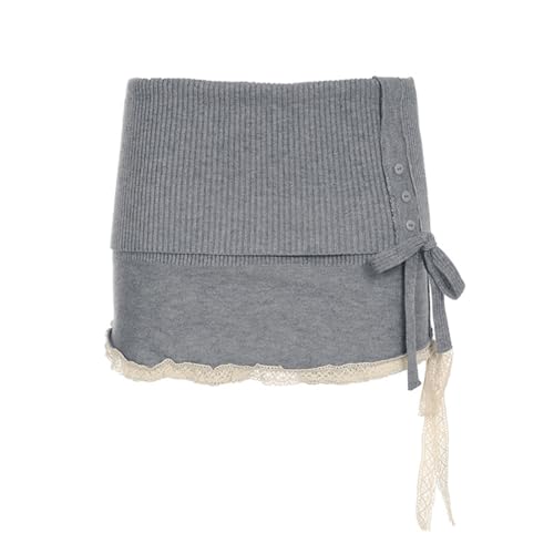 Lace Trim Knit Mini Skirts for Women Fold Over Bodycon Short Skirt Low Rise Elastic with Side Bow Tie Y2k Cute