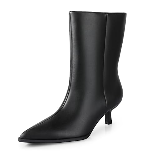 Kitten Heel Ankle Boots for Women - Black Brown Kitten Heels Wide Calf Ankle Booties Womens Winter Fall Boots for Women 2025, Dress Shoe, Pointed Toe, Memory Foam, Mid Calf, Leather, Low Heel, Slip Pull on, Comfortable - Main Image