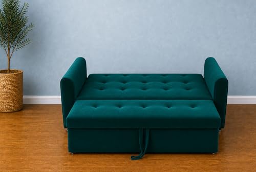 Image of Adorn India Premium Mystic - 3 Years Warranty - 3 Seater Sofa Cum Bed Velvet Suede Fabric - Ocean Blue