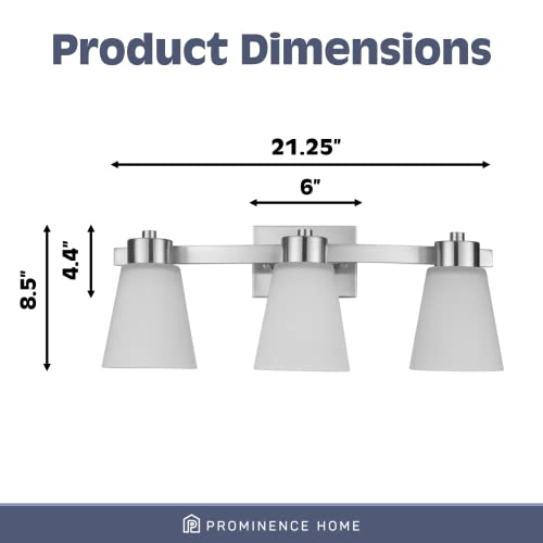 Image of Prominence Home Fairendale 3 Light Brushed Nickel Bathroom Vanity Light with Frosted Glass