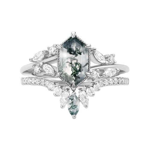 1CT Natural Moss Agate Wedding Ring Set for Women Nature Inspired Twisted Moss Agate Engagement Rings S925/10K/14K/18K Gold Bridal Ring Set for Wife Her