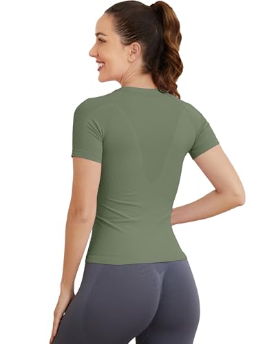 Image of MathCat Short Sleeve Workout Tops for Women, Seamless Women's Compression Shirt, Yoga Running Athletic Shirts Soft Gym Tops