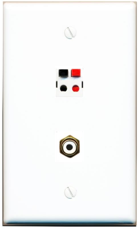 RiteAV 1 Port Speaker Plug Jack Wall Plate with 1 RCA for Subwoofer - Flat [White]