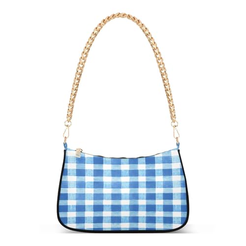Shoulder Bags for Women Blue Gingham Pattern Tote HandBag Shoulder Bags purse with Chain Zipper Closure