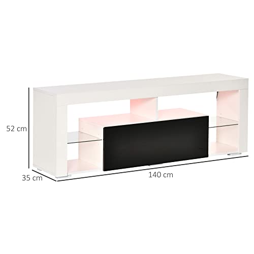 HOMCOM-Mueble-de-TV-para-Televisiones-de-55Pulgadas-Mesa-para-TV-de-Salon-con-Luz-LED-6-Modos-de-Colores-Mando-a-Distancia-Cajon-y-Estantes-de-Cristal-Ajustables-140x35x52-cm-Blanco