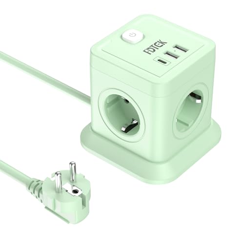 FDTEK Cubo Regleta Enchufes, Ladron Enchufe con 4 AC Tomas y 2 USB A+1 USB C, Enchufe Multiple con Interruptor y Proteccion Sobretension, Cable 1,8 m, Adecuado para Casa, Oficina y Los Viajes, Verde