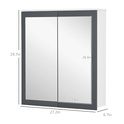 Armario de baño con espejo kleankin, 27" x 30", montaje en pared, blanco | Armario con espejo para baño, con almacenamiento, puertas dobles y 2 estantes ajustables miniatura 3