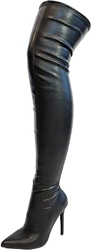 Liliana Gisele-50 Black Leather Stretchy Thigh High Pointy Stiletto Heel Boot (9)