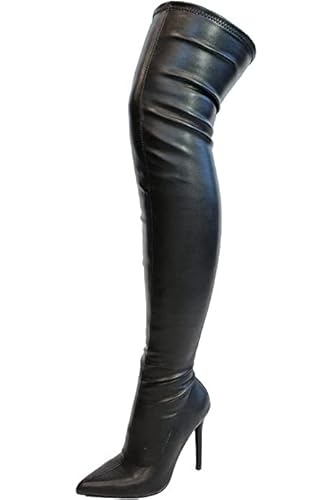 Liliana Gisele-50 Black Leather Stretchy Thigh High Pointy Stiletto Heel Boot (9) #TOP11