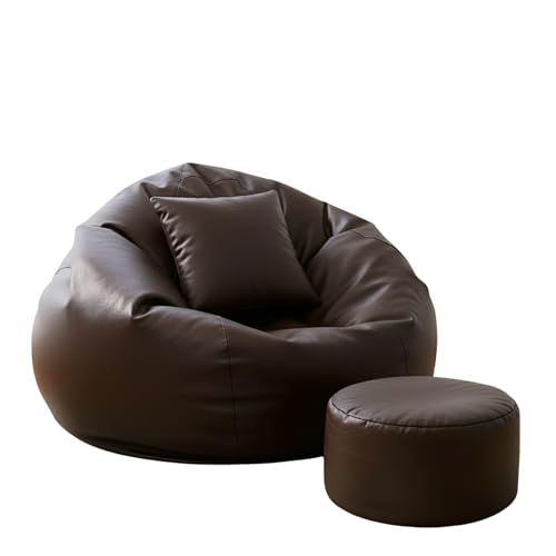 Image of Biggie Bean Faux Leather Bag with Beans Filled XXXXL Bean Bag Orginal Sacks-Bean Bag with Cushion and Footrest-Official:Plush Combo Range-Comfort Level:Basic-(Matching Cushion Round:Brown)