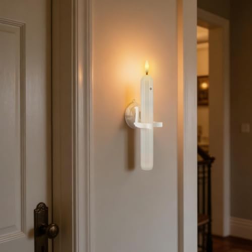 Image of 12 Flameless Led Taper Windows Candles with Sensor Dusk to Dawn & Ivory Striped Candlesticks with Suction Cups, Roman Column Christmas Window Candle Battery Operated for Home Decor