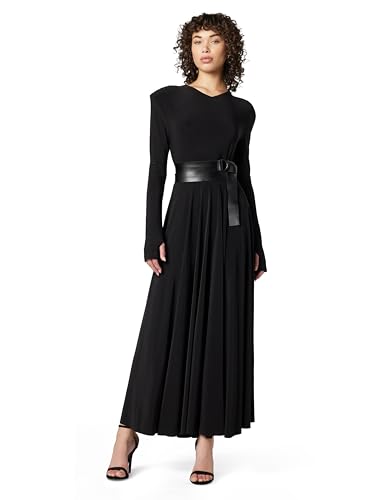 LS Shoulder PAD V Neck Flared Dress to Midcalf, Black, XS at