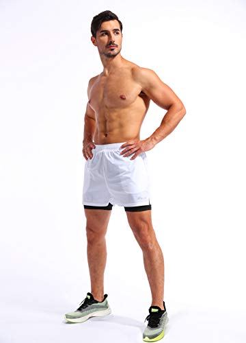 Image of Pudolla Men's 2 in 1 Running Shorts 5 inch Quick Dry Gym Athletic Workout Shorts for Men with Phone Pockets