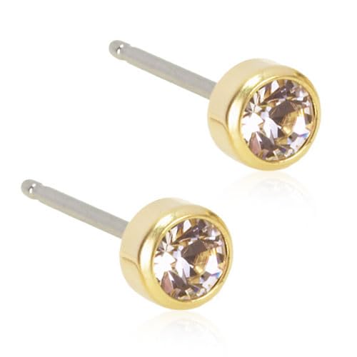 Blomdahl| Hypoallergenic Golden Titanium Bezel Crystal Stud Earrings  Best Choice For Sensitive Ears