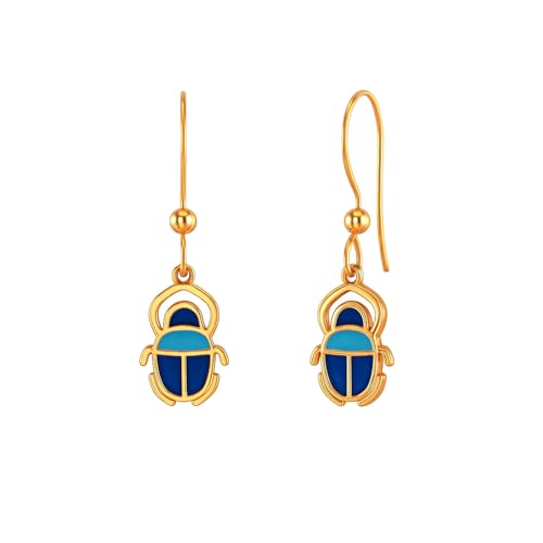 Boucles d'oreilles plaqué or 3 microns scarabée égyptien et émail bleu