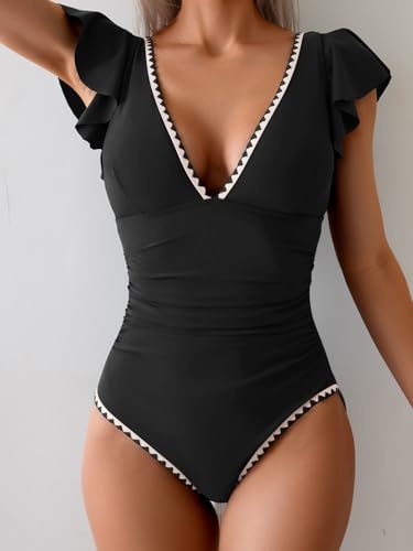 Image of Aidonger Women's One Piece Ruffle Swimsuit Tummy Control Bathing Suit V Neck Shell Stitched Swim Suit Slimming Swimwear Black and White