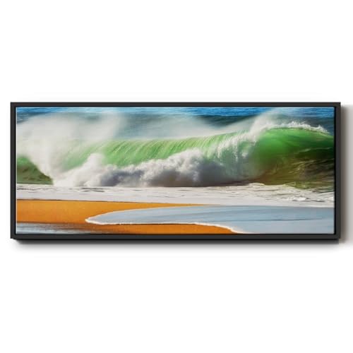 Renditions Gallery Floater Framed Home Decor Green Ocean Waves Painting Canvas Wall Hangings for Office Bedroom Kitchen Lobby - 12"x30" Black Frame LT618