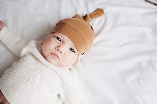 Image of Copper Pearl Baby Beanie Hat Top Knot Stretchy Soft Camel