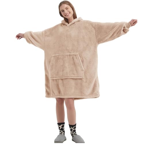 FELOVE é uma camisola com capuz e mangas com um bolso grande, que é uma manta portátil ultra macia e confortável para adultos, e que é quente e tem um tamanho único., Bege, Tamanho único