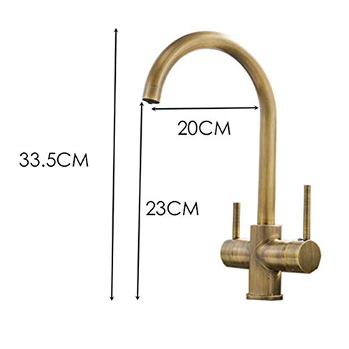3-Way Kitchen Tap for Water Filter Drinking Water Tap 360° Rotatable Sink Mixer Tap 2 Levers 3-in-1 Mixer Tap Sink Fitting Antique Brass