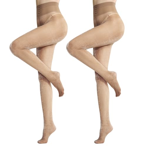 MANZI 2 Pairs Sparkly Tights for Women 20D Ultra Soft Sheer Shimmer Pantyhose High Waist Shiny Nylon Stockings Small-Medium 2 Pairs Brown (Light Brown)