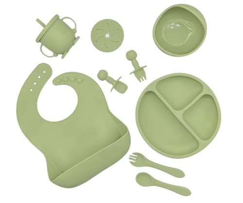 Image of Baby Silicone Feeding Set, First Stage Toddler Utensils - 8 in 1 - with Bib, Sippy Cup, Suction Bowl, Baby Fork and Spoon Sets, Divided Plate with Suction - Baby Led Weaning Supplies (Olive Green)