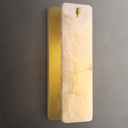 Image of Rectangular Alabaster Wall Sconce 16 Inch, Natural Spanish Stone Brass Gold Wall Light, Modern Marble Sconces Dimmable E12 Hardwired Bathroom Vanity Light Fixture for Mirror, Bedroom, Hallway(1 Pcs)