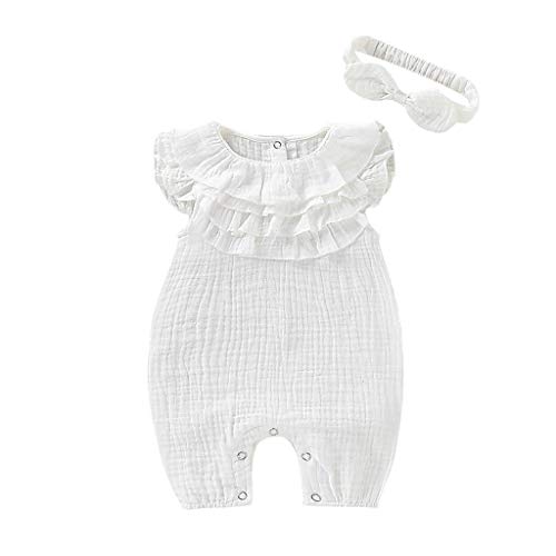 RQWEIN Baby Newborn Clothes Jumpsuit Playsuit Headband Girl Romper Bodysuits Cotton Flutter Sleeve One-Piece Romper Outfits White